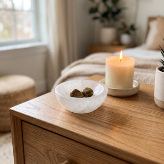 Selenite Bowl - Round 2" displayed in a warm natural home setting, shown at true size.