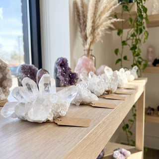 Natural clear quartz clusters in graduated sizes displayed on a white-oak shelf in a bright crystal boutique, with amethyst and rose quartz behind
