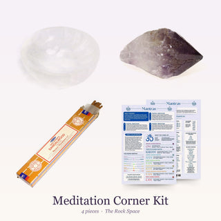 Meditation Corner Kit: Selenite Bowl - Round 4", Amethyst Crystal Point E #1 - 1 7/8-2 1/2", Sandalwood Incense Sticks, QuickStudy Guide 2.0 - Mantras