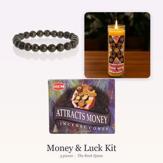 Money & Luck Kit: Pyrite Round Bracelet, 7-Day Manifestation Candle, Attracts Money Hem Incense Cones - 10 Pack