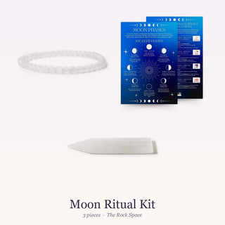 Moon Ritual Kit: Moonstone Bead Bracelet, QuickStudy Guide 2.0 - Moon Phases, Selenite Charging Plate (Bar) 8"