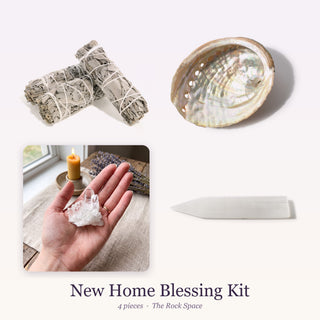New Home Blessing Kit: White Sage Cleansing Stick - California - 3 Pack, Abalone Shell Small - 3" to 4", Clear Quartz 'A' Cluster, Selenite Charging Plate (Bar) 8"