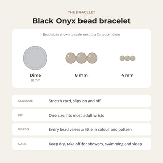 Black Onyx bead bracelet card: bead sizes shown next to a Canadian dime, closure, fit and care