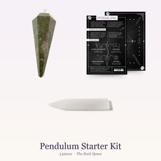 Pendulum Starter Kit: Unakite Pendulum 6 Facets & Bead, QuickStudy Guide 2.0 - Pendulums, Selenite Charging Plate (Bar) 8"