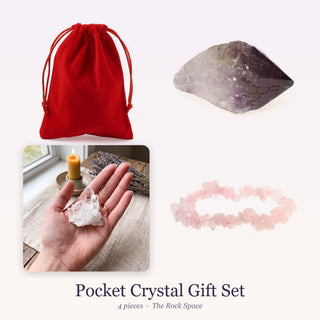 Pocket Crystal Gift Set (Under $25): Velvet Red Jewelry Bags, Amethyst Crystal Point E #1 - 1 7/8-2 1/2", Clear Quartz 'A' Cluster, Rose Quartz Bead Bracelet