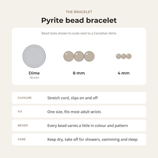 Pyrite bead bracelet card: bead sizes shown next to a Canadian dime, closure, fit and care