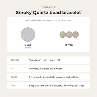 Smoky Quartz bead bracelet card: bead sizes shown next to a Canadian dime, closure, fit and care