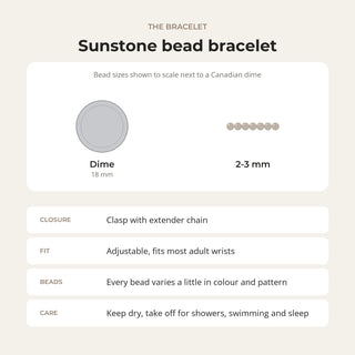 Sunstone bead bracelet card: bead sizes shown next to a Canadian dime, closure, fit and care