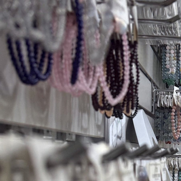 Bead bracelets on the wall at The Rock Space
