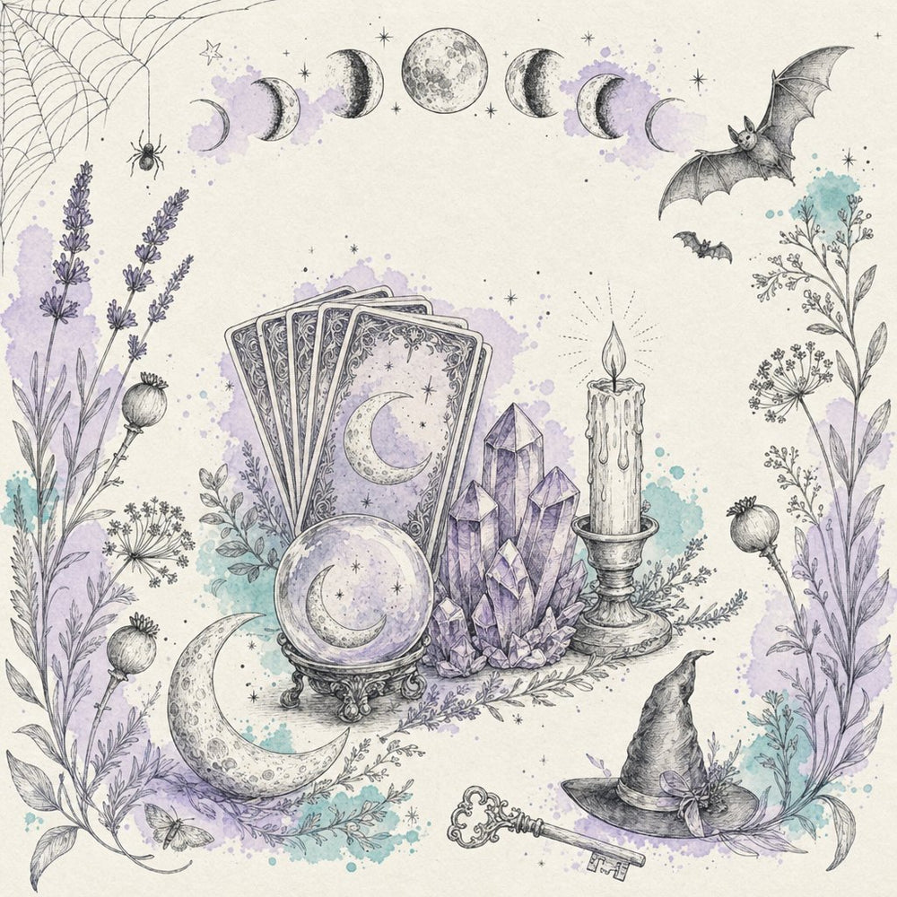 Tarot cards, crystals and a candle