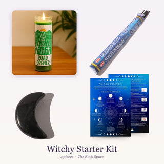 Witchy Starter Kit: 7-Day Manifestation Candle, Dragons Blood Blue Hem Incense Sticks - 20 Sticks, Shungite Crescent Moon, QuickStudy Guide 2.0 - Moon Phases